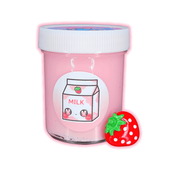 Strawberry Milk Handmade Scented Thick Glossy Slime 4oz – Stretchy, Smooth Texture with Strawberry Charm – Ages 8  – Hoshimi Slimes