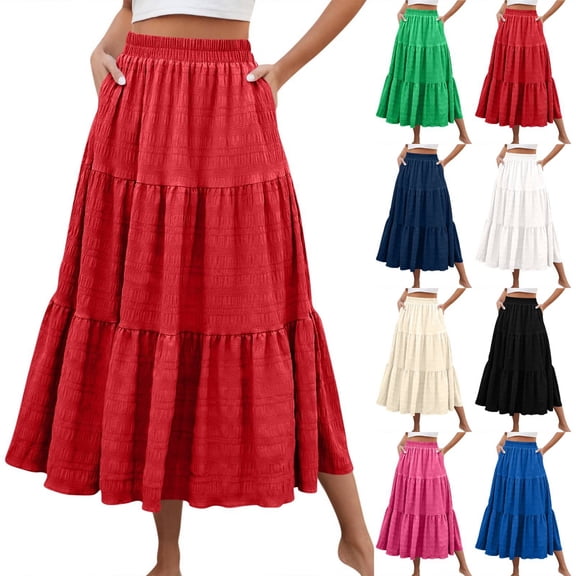 Maxi Skirt Womens Summer Casual Elegant Smock Layered Tiered High Waisted A Line Flowy Long Skirts with Pockets Red XL