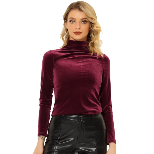 Blusa básica de cuello alto de terciopelo elástico para mujer Allegra K Borgoña S