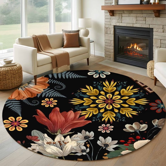 Round Area Rug 5 Ft, Bohemia Washable Non-Slip Circle Carpet for Living Room/Bedroom, Vintage Boho Floral Flowers Leaves Plants Black Low-Profile Runner Mats Collection Rugs for Indoor