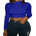 thumbnail image 1 of Womens Long Sleeve Mock Neck Slim Fit Crop Stretchy Blouse Tee Blue L, 1 of 6