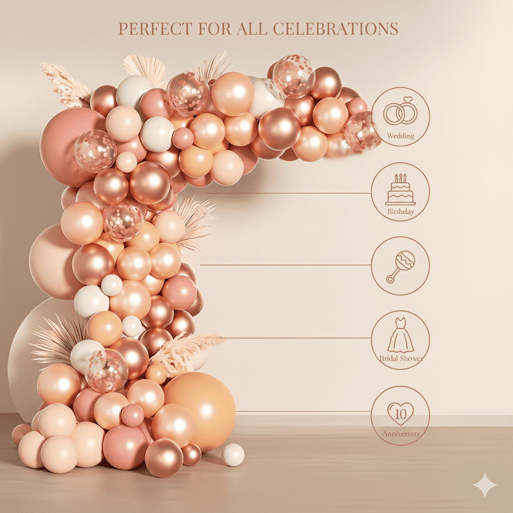 156pcs Rose Gold Balloon Garland Arch Kit for Baby Shower, Wedding, Birthday, Party Decorations