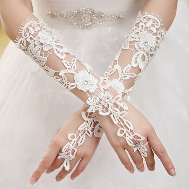 COMPUKAS Wedding Gloves for Bride White Full Finger Lace Design Fashionable and Comfortable