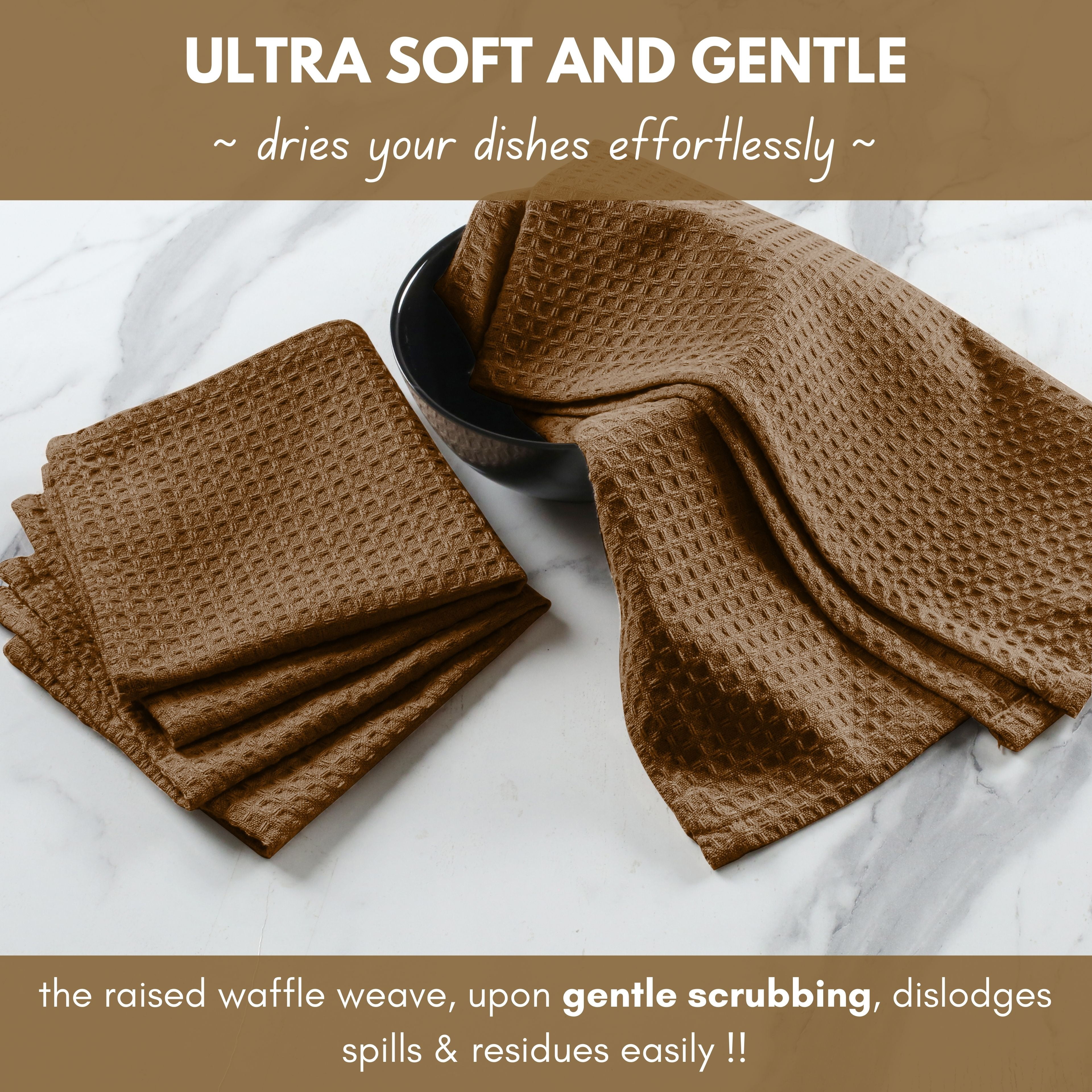 Native Fab 12 Pack Waffle Kitchen Towels - Absorbent Dish Cloths for Cleaning Drying - Brown