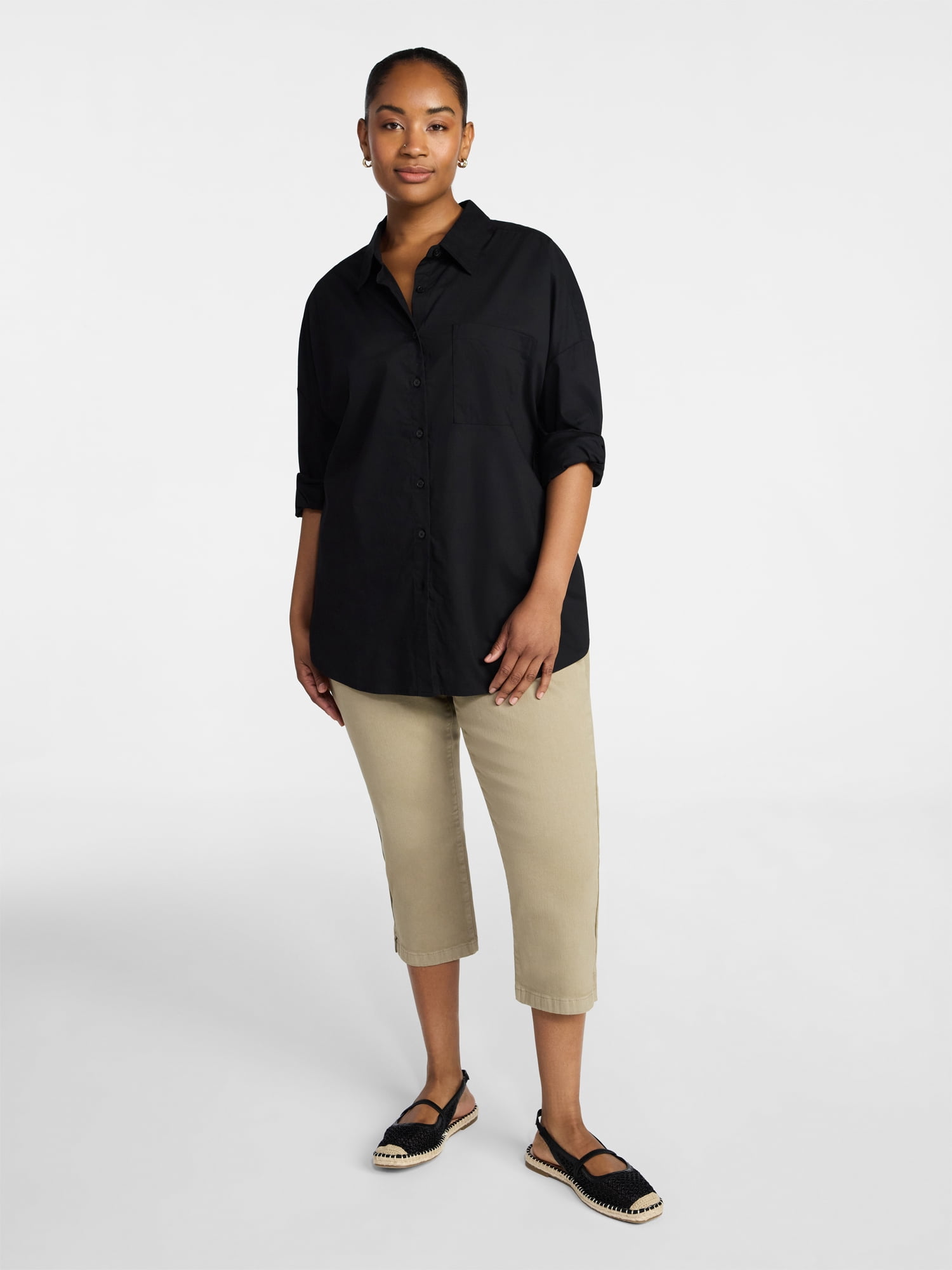 Terra & Sky Women's Plus Size Poplin Boyfriend Shirt, Sizes 0X-5X