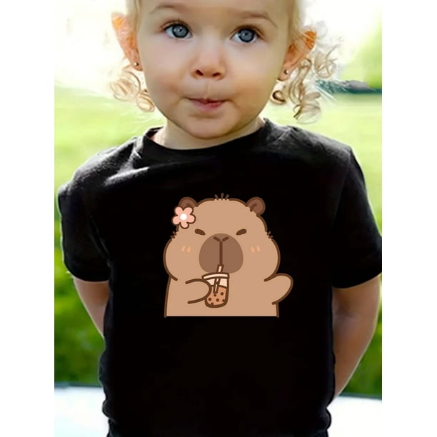 FA536 Cute capybara, Letter Graphics Printed t shirt for girl Kids Summer Casual Round Neck Tops Tees Child'S Clothing