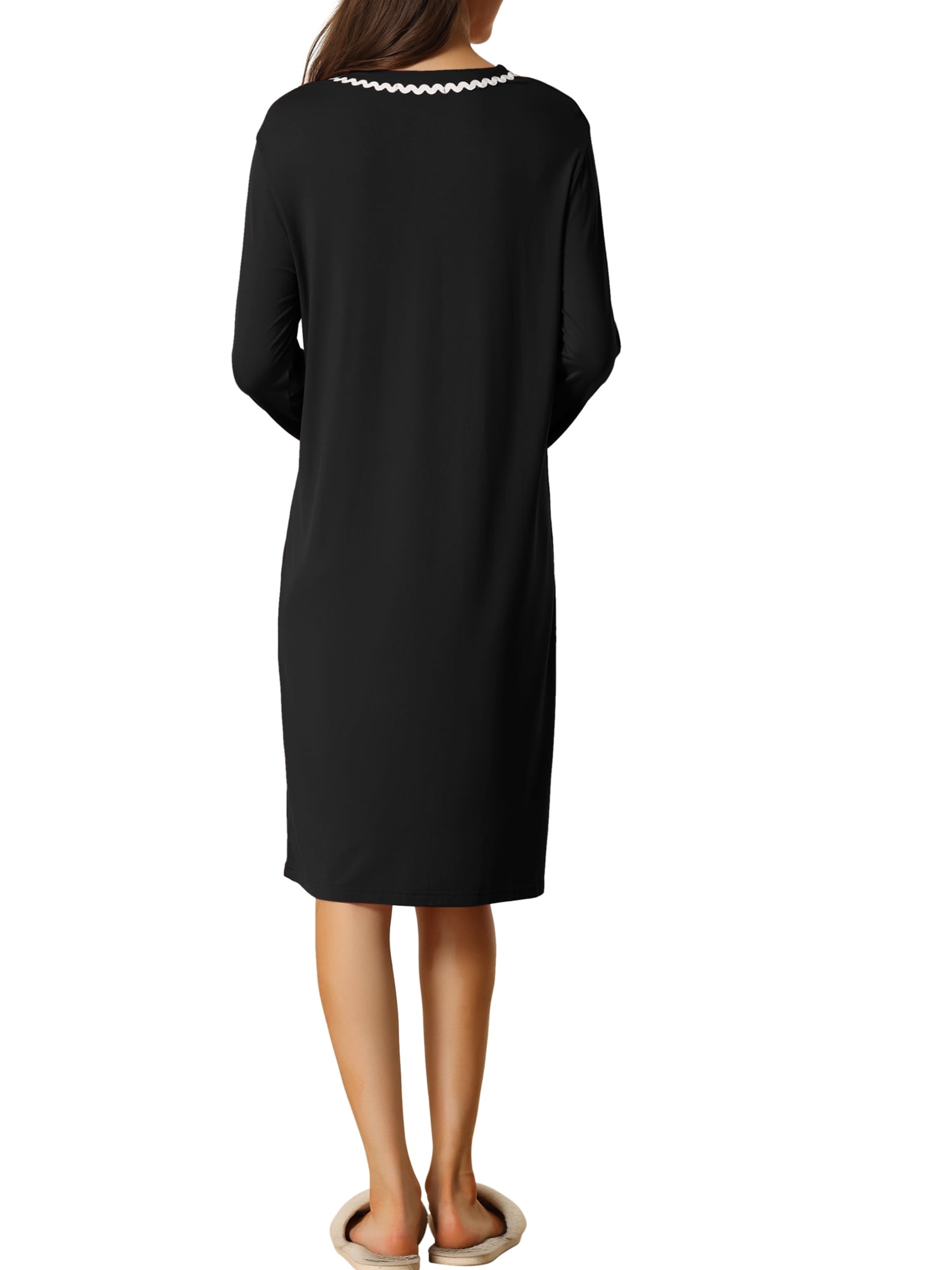 Unique Bargains Womens Nightshirt Button Down Nightgown Long Sleeve Pajama Sleepshirt S Black