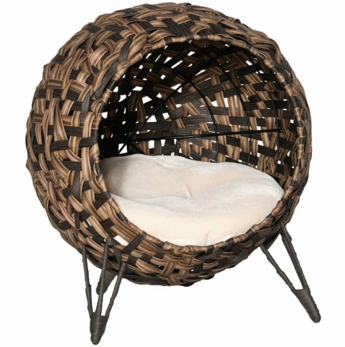 Elevated Hand-Woven Banana Leaf Cat House, Brown Wicker Cat Condo with Soft Cushion, Metal Tripod Base, Ventilated Enclosed Cat Bed for Cats Under 11 lbs