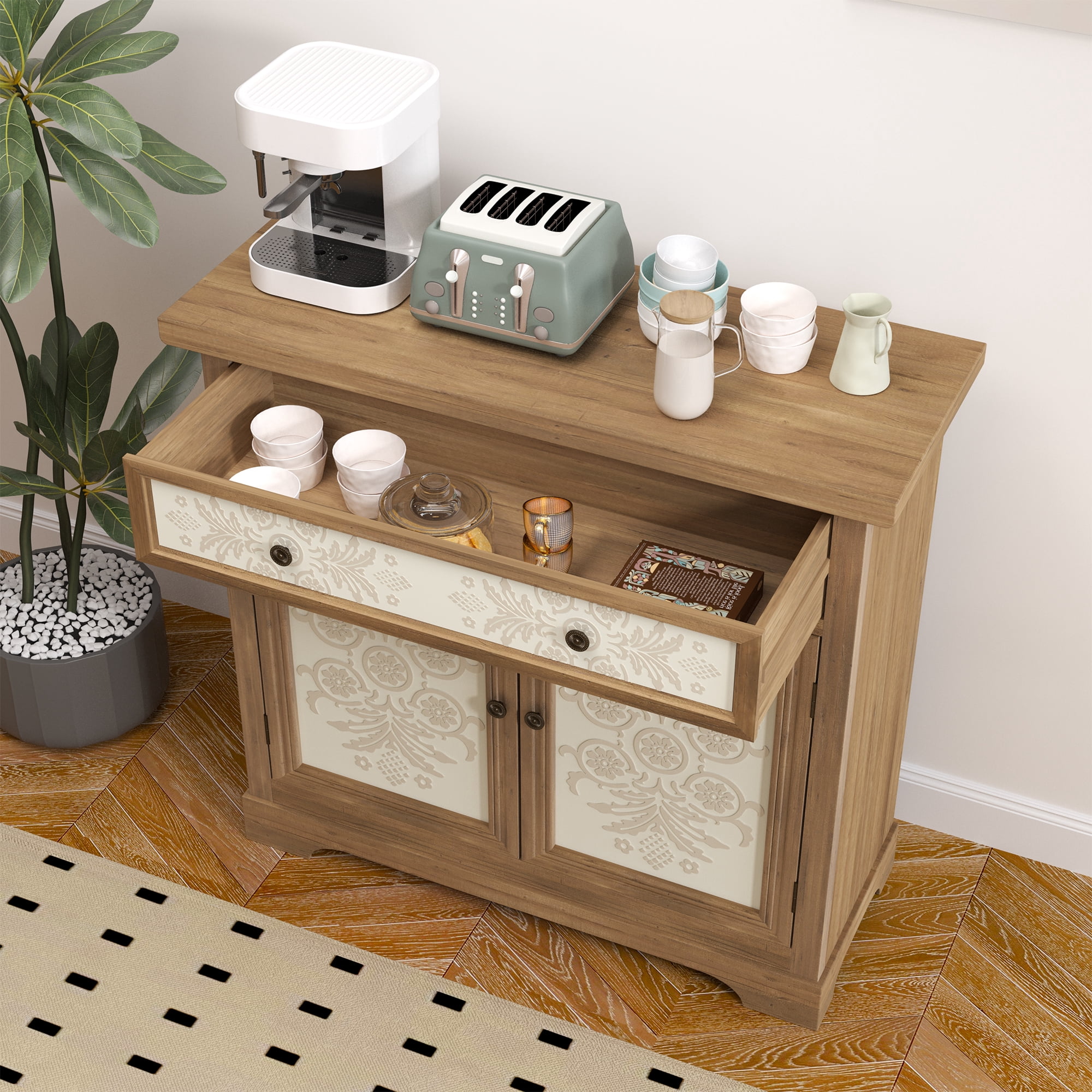 TrumanPick Rustic Vintage Accent Sideboard with Carved Floral Doors, Distressed Wood Storage Cabinet with Drawer, 2-Shelf Farmhouse Organizer for Living Room, Entryway