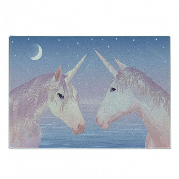 Horse Cutting Board, Akhal Teke Unicorns by the Sea Exchange Glances Under the New Moon and Stars, Decorative Tempered Glass Cutting and Serving Board, Small Size, Lilac and Blush, by Ambesonne