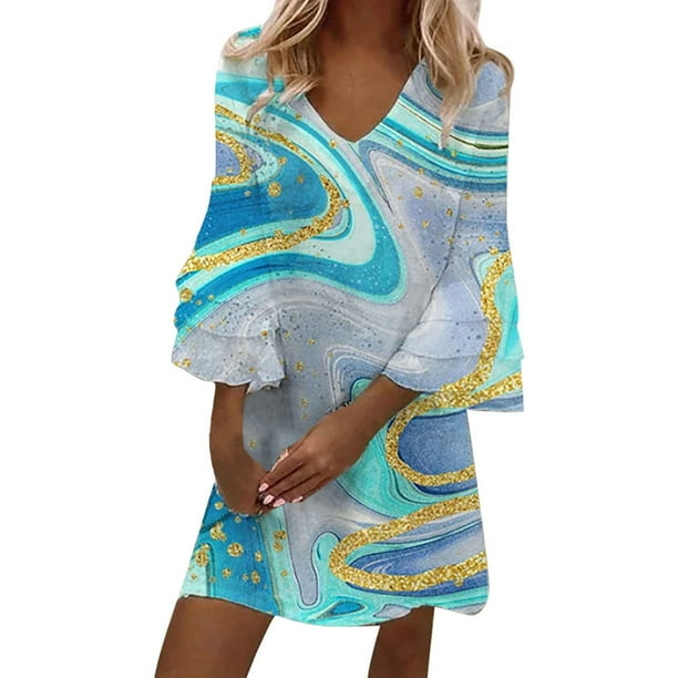 VISgogo Vestido de Manga 3/4 para Mujer con Estampado de Flores, Cuello en V Decoración de Volantes Ropa de Verano VISgogo moda