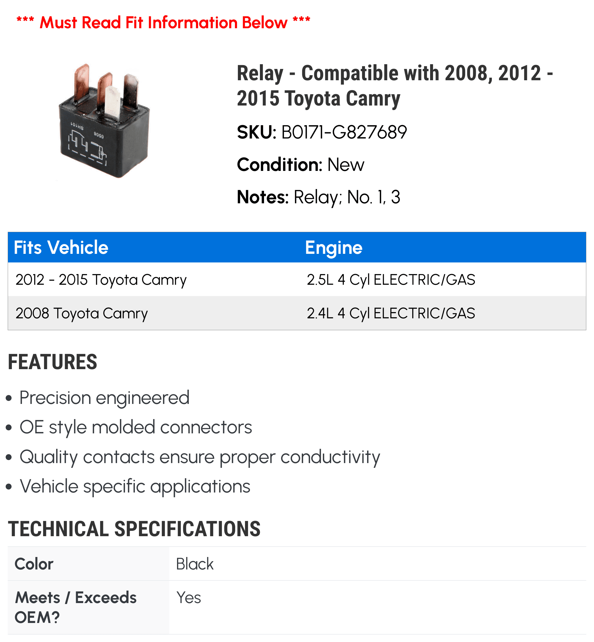Relay - Compatible with 2008, 2012 - 2015 Toyota Camry 2013 2014