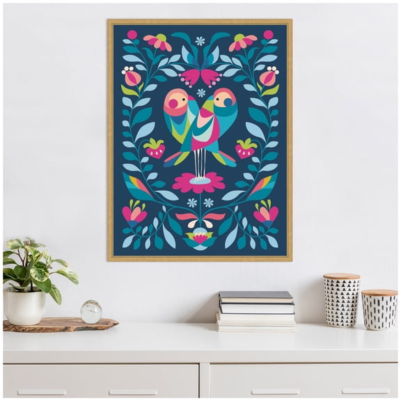 Kate and Laurel Love Birds Framed Canvas Wall Art by Rachel Lee 23 x 30 Sylvie Bright Gold, Whimsical, Abstract, Animals, Flowers Art for Wall Decor, Living Room, Bedroom
