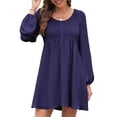 thumbnail image 3 of Vestido Corto Informal de Mujer con Cuello Redondo Fruncido, Botones, Larga y Cintura Entallada Azul Marino M, 3 of 8