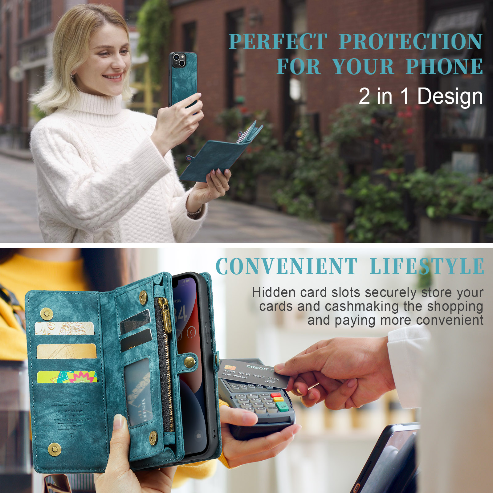 For Apple iPhone 15 Plus Wallet Case,Multi-Functional Retro Leather Purse Flip Cover Zipper Wallet Case with Removable Card Slots Pocket & Detachable Wrist Strap Magnetic Phone Case, Green