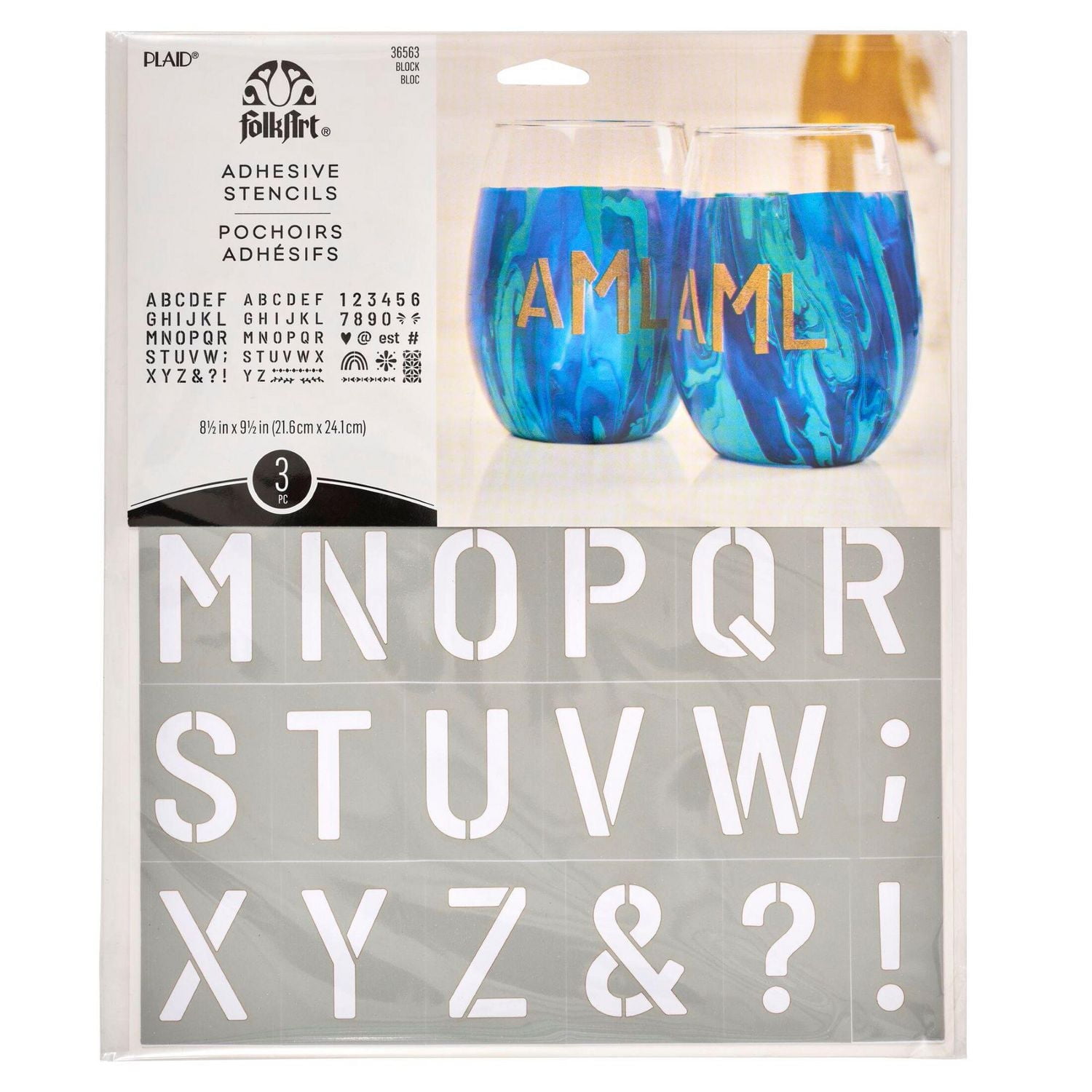 FolkArt Reusable Adhesive Stencil Set, 8.5" x 9.5", Block Font, 3 Pieces, Adhesive Stencils