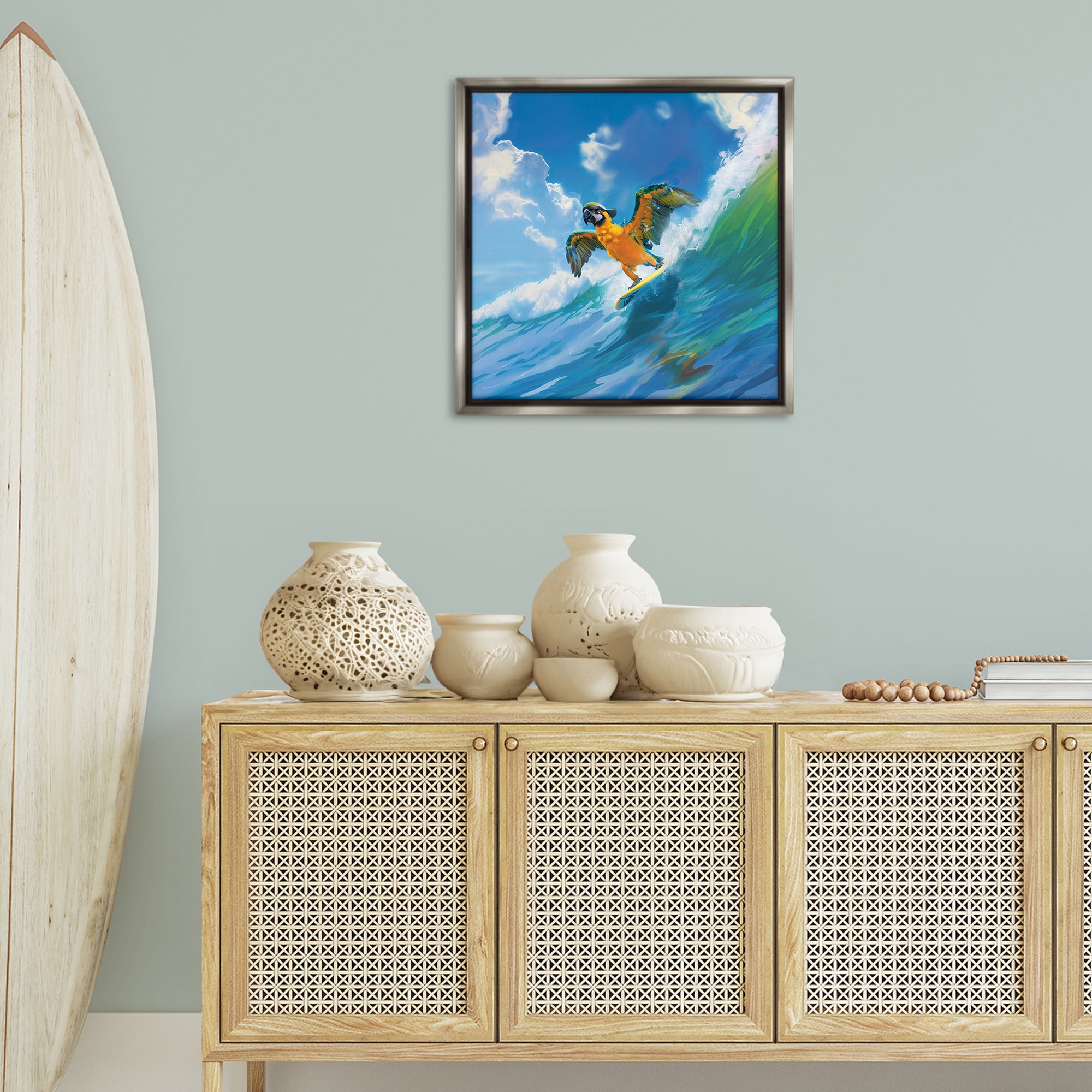 Stupell Industries Parrot Surfing Sea Waves Nautical & Beach Painting Gray Floater Framed Canvas Art Print Wall Art, 25 x 25