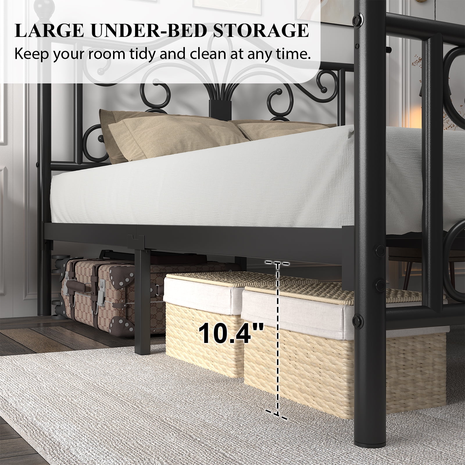 EBERY Full Size Metal Bed Frame with Butterfly Pattern Design Headboard & Footboard, Underbed Storage, Black
