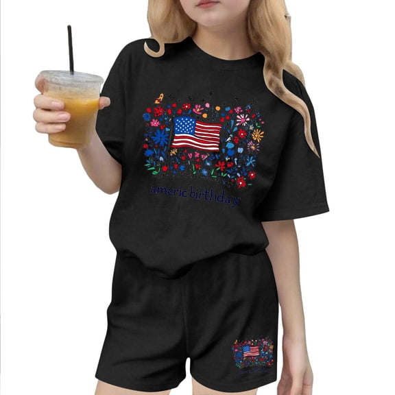 SELONE Girls Summer Sets 2 Piece 4th of July Kids Outfits Short Sleeve Shirts and Shorts Red White and Blue Clothing