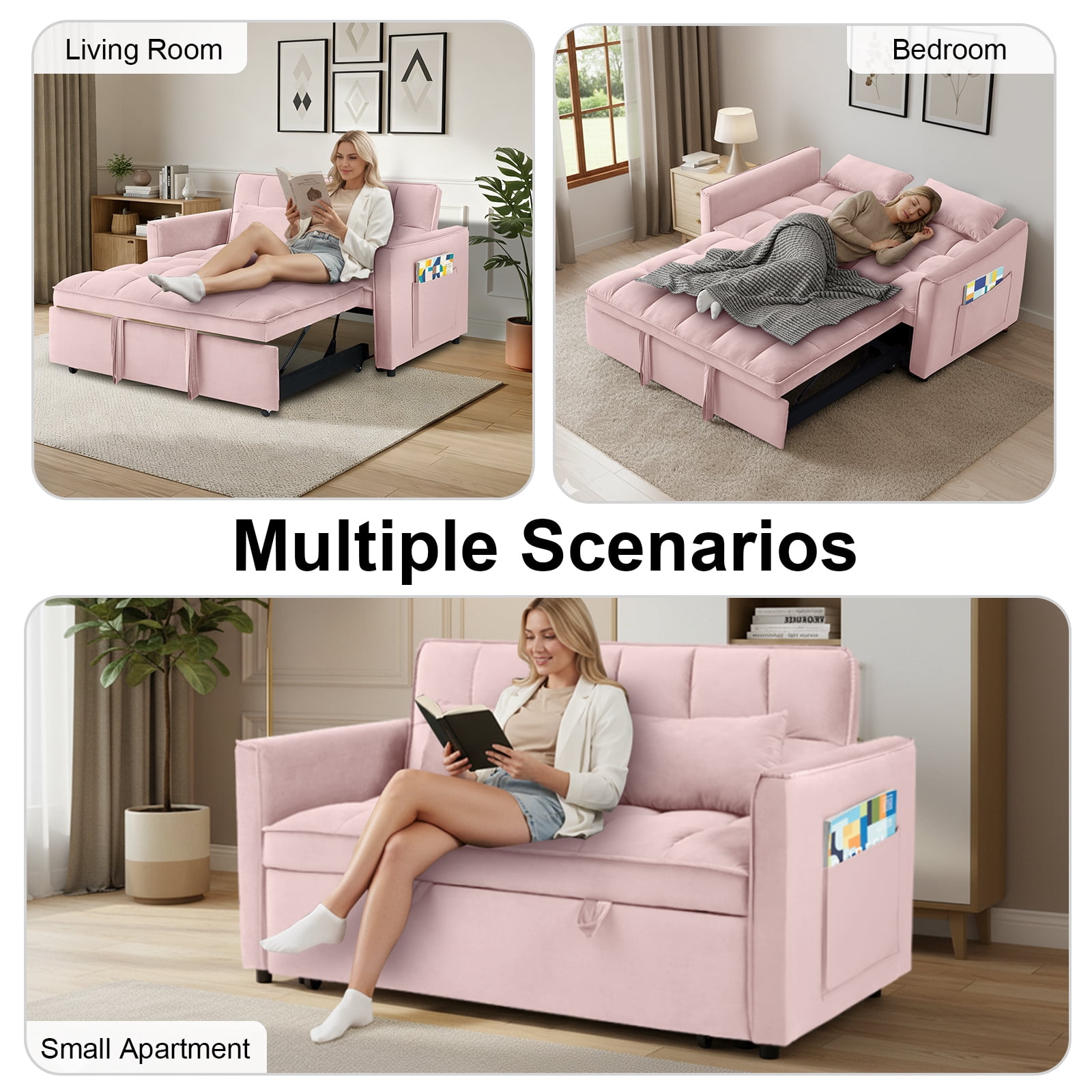 Howcool 55" 3 in 1 Convertible Sleeper Sofa Bed, Pull Out Loveseat Couch with Storage Pocket,Pink
