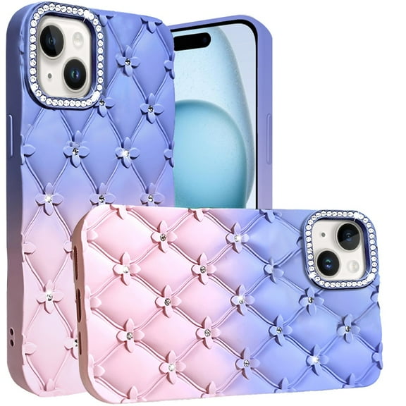 Designed for Apple iPhone 14 / iPhone 13 (6.1") Fashion Flower Design Sparkle Glitter Shimmer Rhinestone Bling Leather Feel Thick TPU Rubber Hard PC Phone Case Cover - Light Blue /Light Pink