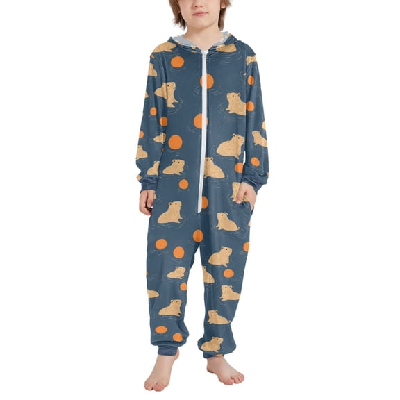 FORMRS Kids One-Piece Pajamas Hooded Long Sleeve Union Suit Soft Onesie Sleepwear, Sizes 4T-14Y, Blue Capybaras