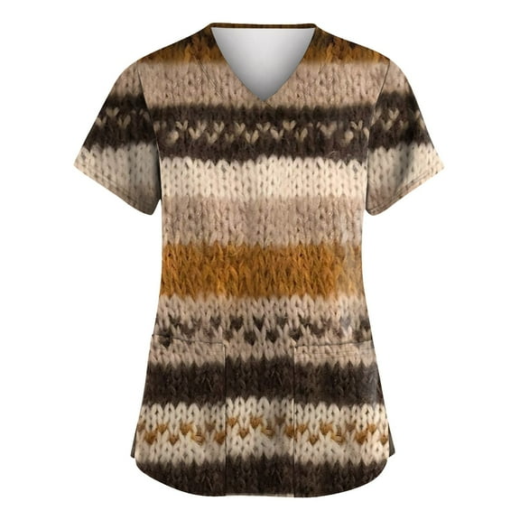 BDPORKAS Print Scrub Tops Women Summer Casual Nurse Working Uniform V Neck Fashion Graphic Printed Easy Care Medical Scrubs Workwear with Pockets