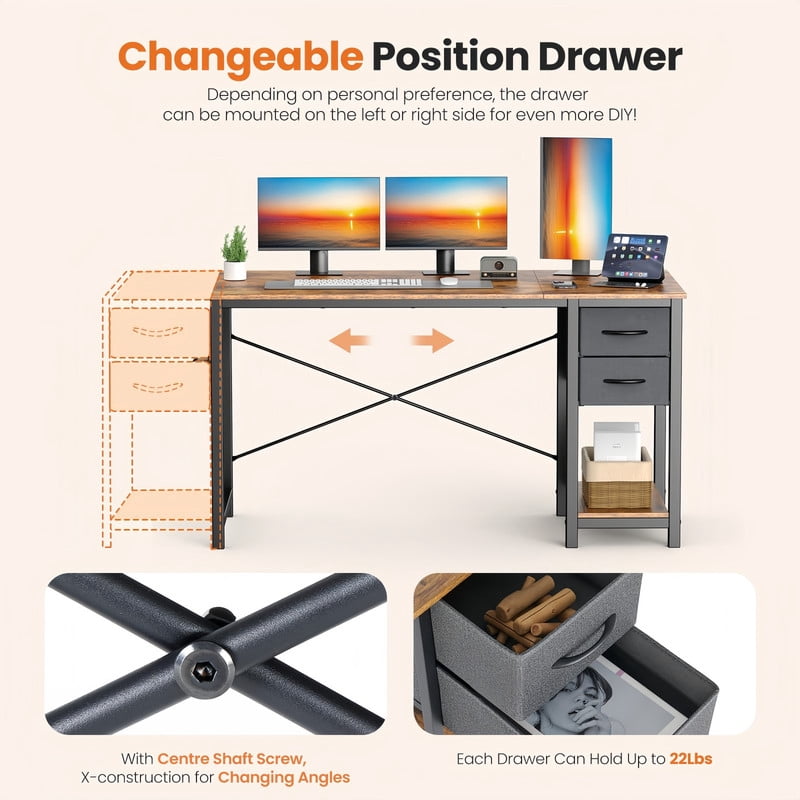 Kelno 47 Inch Computer Desk with 2 Fabric Drawers Home Office Work Table with Side Hook Adjustable Storage Shelf, Rustic Brown
