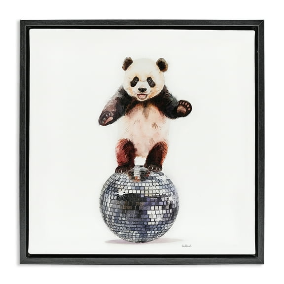 Stupell Industries Panda Balancing on Disco Ball Animals Painting Black Floater Framed Canvas Art Print Wall Art, 18 x 18