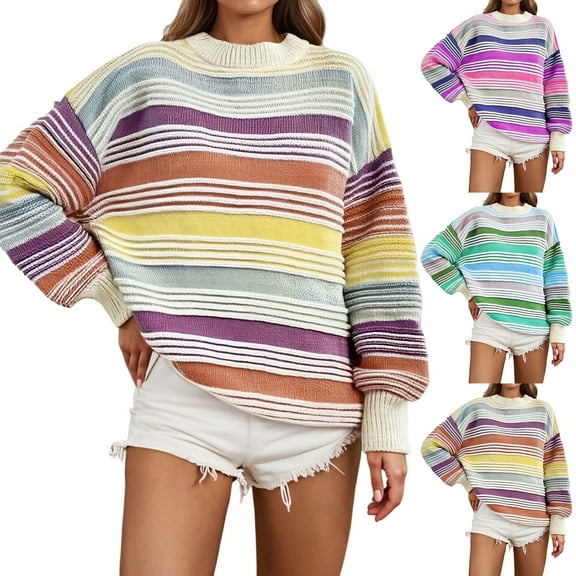 Women Oversized Striped Long Sleeve Sweatshirts Crewneck Knit Sweater Loose Teen Girl Pullover Top 2025 Fall Y2K Trendy Outfits (Green,Large)