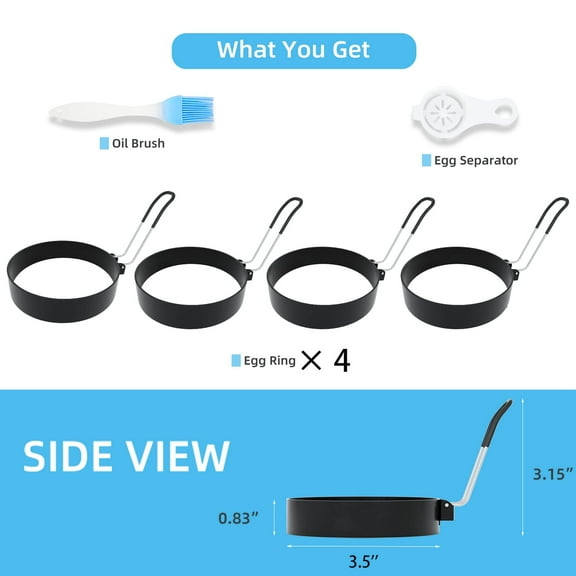 Stainless Steel Egg Rings for Frying Eggs - 3.5" Round Non Stick Griddle Rings with Oil Brush, Egg Sandwich/Pancake/Cooking Molds, Breakfast Maker Accessories & Egg Separator