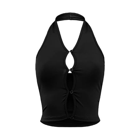 

Summer Cut Out Solid Color Open Back Black Button Cardigan Vest Bra plus Size Undershirt