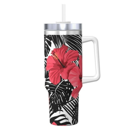 

Red Hibiscus 40oz Car Insulated Cups Ice Bully Cup with Handle Double Stainless Steel Vacuum Tumblers Water Bottle with Lid and Straw