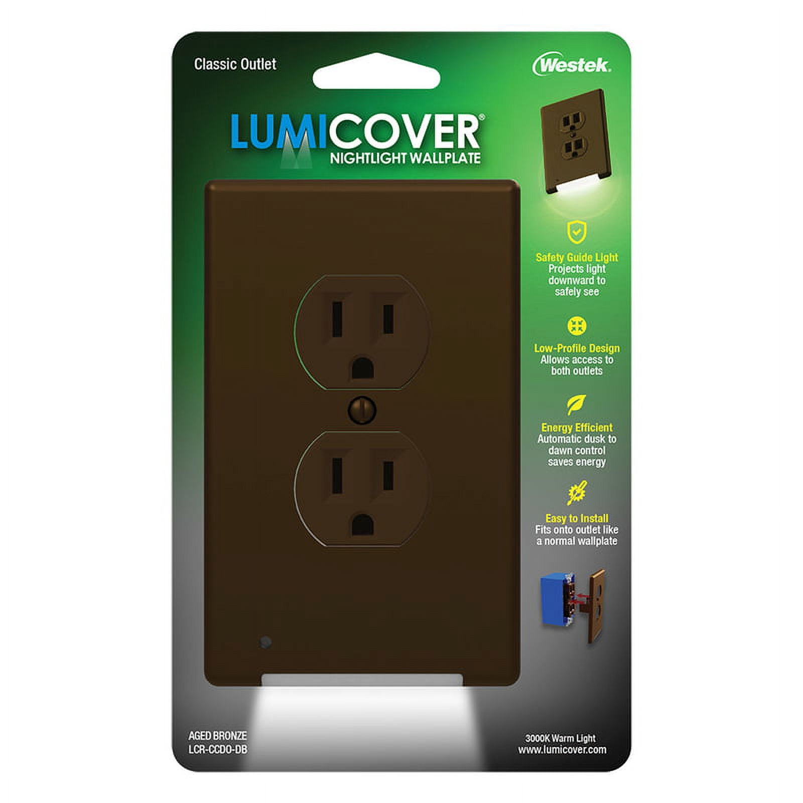 Westek LCR-CCDO-DB Nightlight Wall Plate LumiCover Aged Bronze Bronze 2 gang Plastic Duplex Outlet Aged Bronze