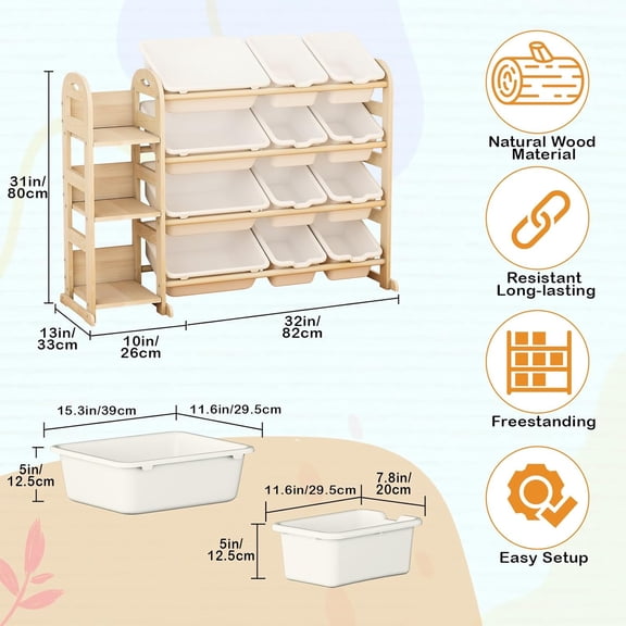 Toy Storage Organizer with Bookshelf, Wooden Kids Shelf with 3 Shelves and 12 Bins for Playroom Nursery Bedroom
