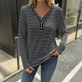thumbnail image 2 of Lenpel Women's Tops Fashion Long Sleeve V Neck Quarter Button Striped Knitted T Shirts Loose Casual Tunic Blouses(Black,X-Large), 2 of 5