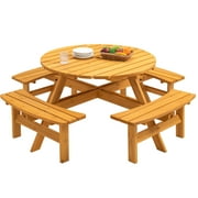 Yone jx je 8 Person Wood Picnic Table, Outdoor Round Picnic Table with 4 Built-in Benches, Umbrella Hole, Outside Table and Bench Set for Garden, Backyard, Porch, Patio, 500lbs Capacity Per Bench