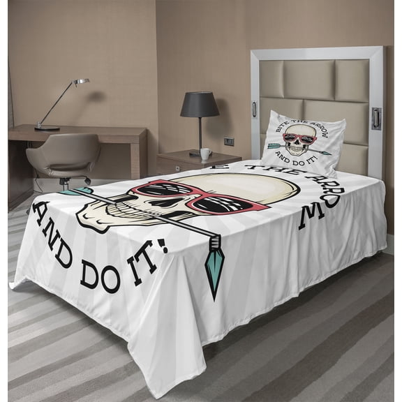 Ambesonne Retro Fitted & Top Sheet Set with Sham, Hipster Skull Pop Art, Multicolor