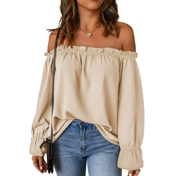 Women'S Off Shoulder Top Ruffle Long Sleeve Chiffon Blouse Casual Loose Shirts  M