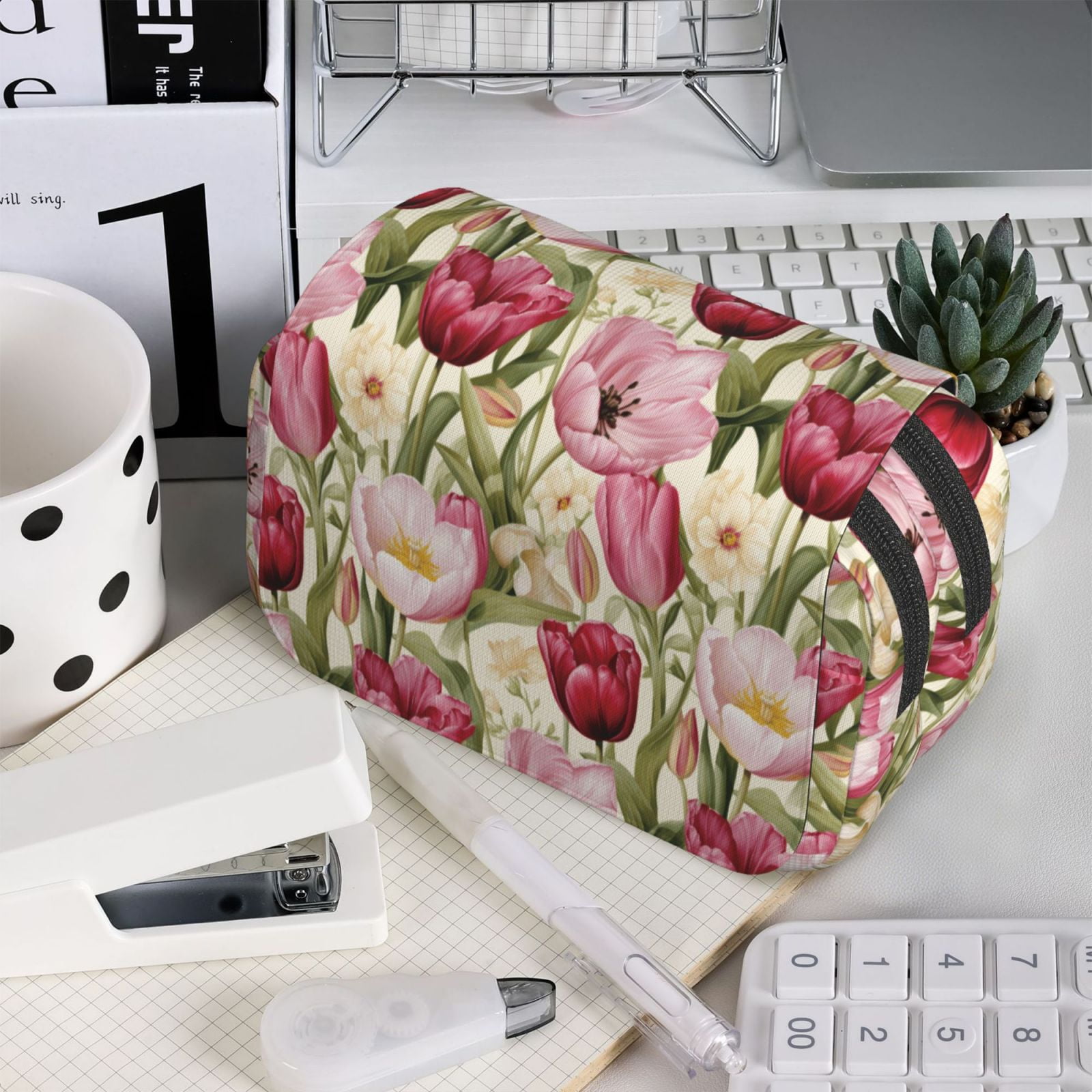 Rateoe Tulips Flowers Pattern Double Clamshell Pen Case, Storage Organizer with Two Zipper Compartments– Holds Up to 50 Pencils & Pens