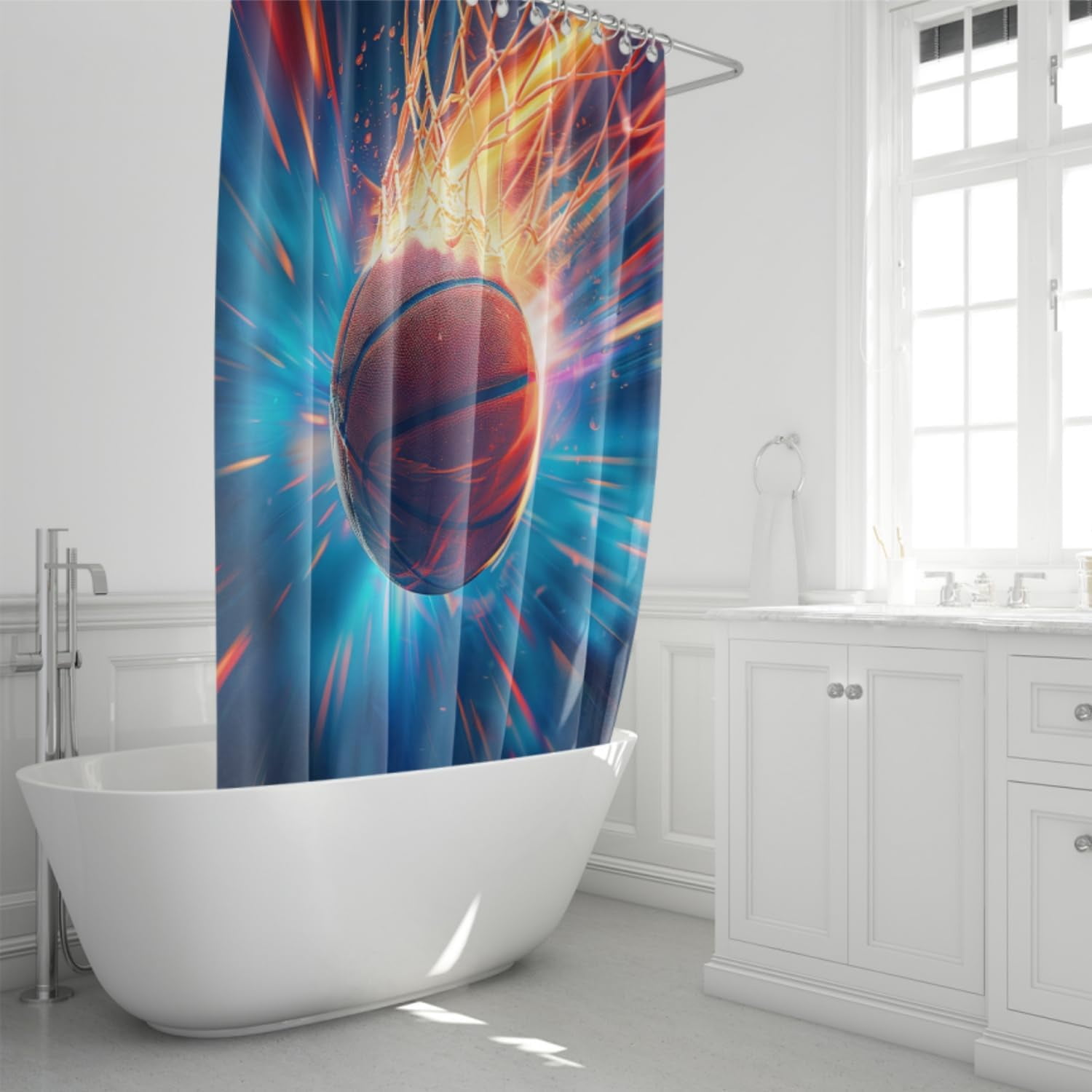 Basketball Shower Curtain Set - 4PCS Sports Shower Curtain Sets for Kids and Teen Boys Bathroom Shower Curtain Set Purple Basketball Bathroom Set with Rug, Toilet Cover and Bath Mat, 12 Hooks