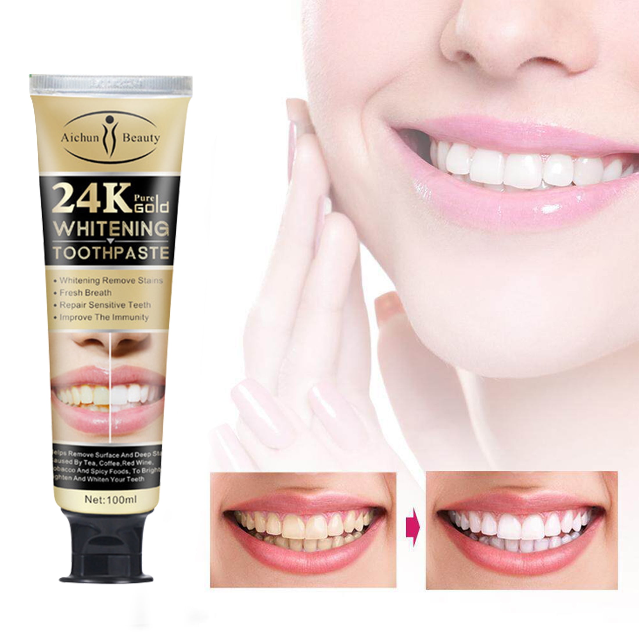 100ml, 24k Gold Whitening Toothpaste, Fresh & Mild Flavour, Cavity Protection, Teeth & Gums