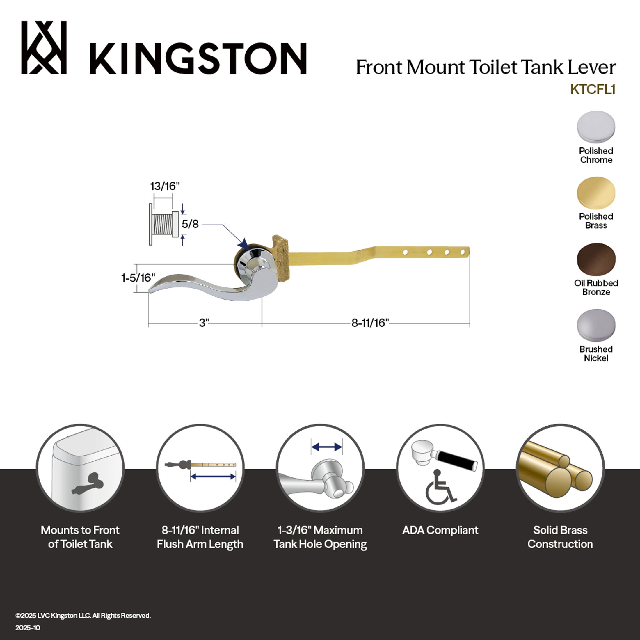 Kingston Brass KTCFL1 Century Front Mount Toilet Tank Lever, Left/Right Installation in Polished Chrome