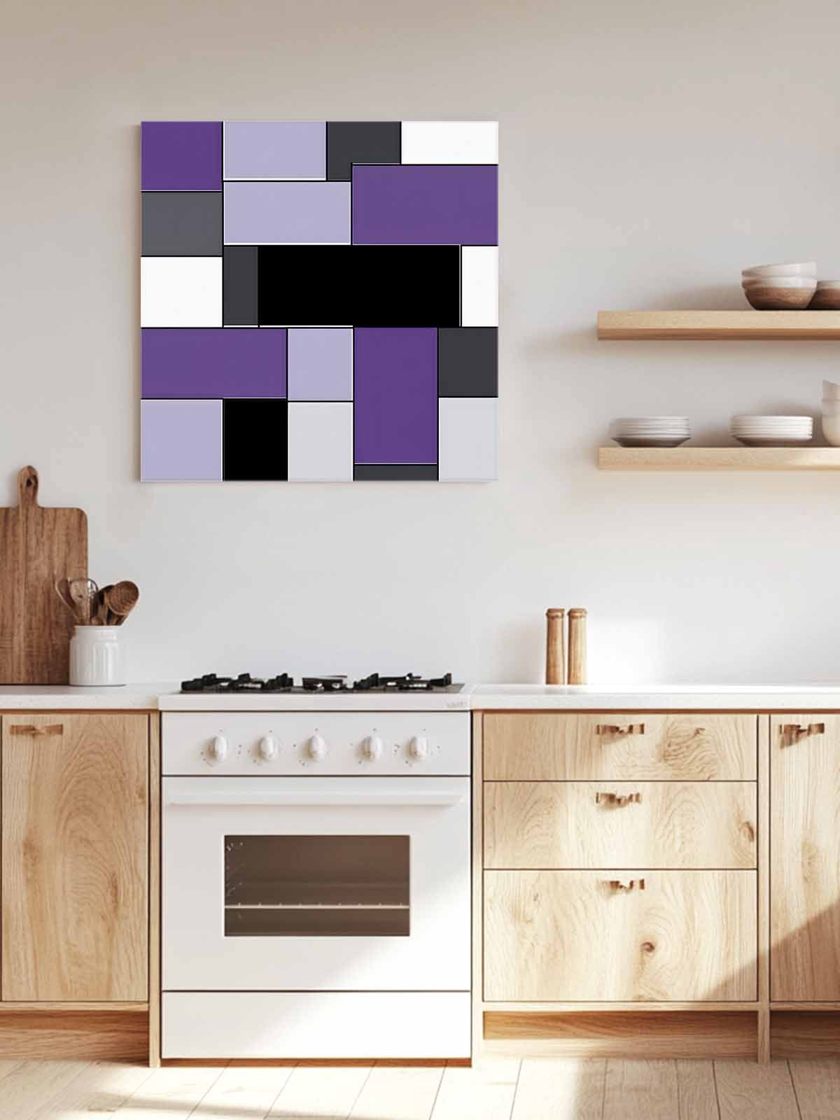 Purple Black Canvas Wall Art, Geometric Abstract Color Block Patchwork Framed Wall Decor Modern Artwork Prints Painting for Living Room, Bedroom, Kitchen & Cafe Decor 16x16 Inch