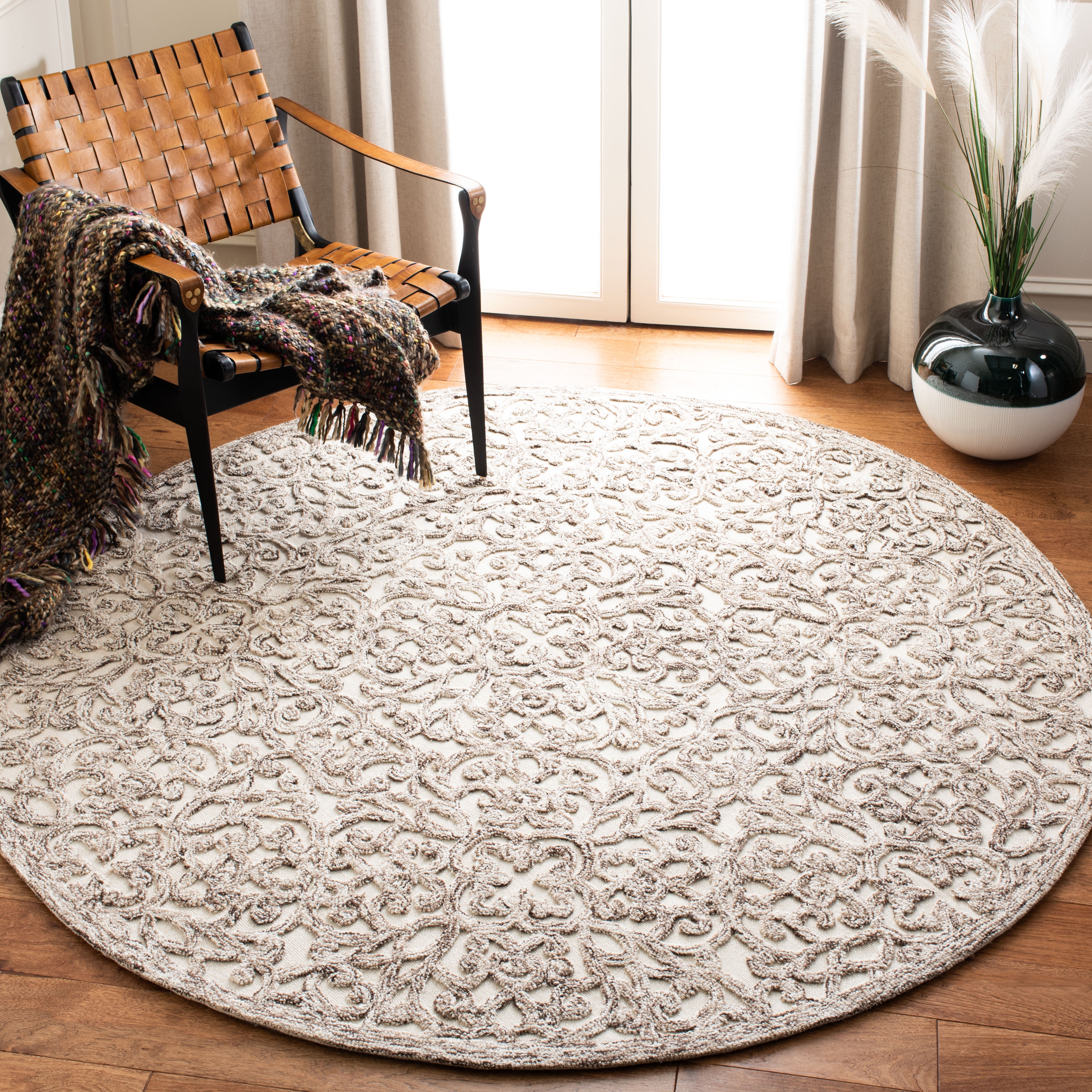 SAFAVIEH Trace Bryan Geometric Area Rug, Brown/Ivory, 8' x 8' Round