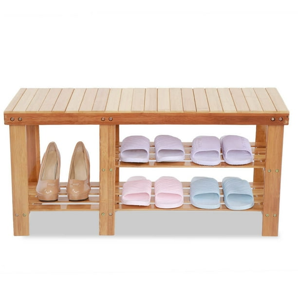 FAGINEY Natural Bamboo Shoe Stool Seat 2 Tier Boot Shoe Rack Organizer