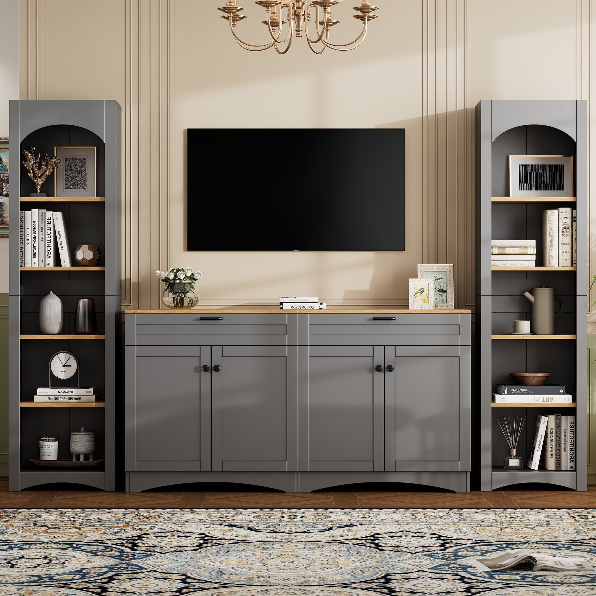 Euroco 3-Piece Farmhouse Entertainment Center with Storage Cabinet for TVs Up to 70", Mid-Century TV Stand with Bookshelf, Rustic Versatile Sideboard with Adjustable Shelves for Living Room