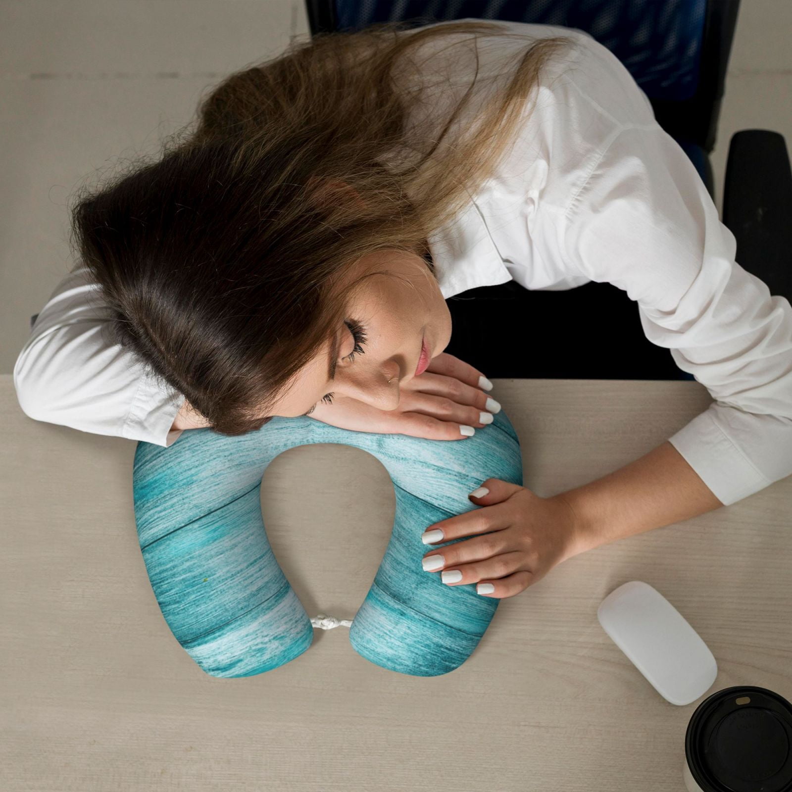 Xecao Teal Turquoise Wood Print Memory Foam Cervical Neck Pillow Versatile U-Shaped Pillows for Home,Office,Camping,Travelling,Soft Washable Cover