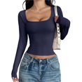 thumbnail image 2 of Camisas de Larga para Mujer, Tops Cortos, Cuello Cuadrado, Camisetas Básicas para Salir, Ropa de Invierno Y2K 2025 Azul Marino S, 2 of 7