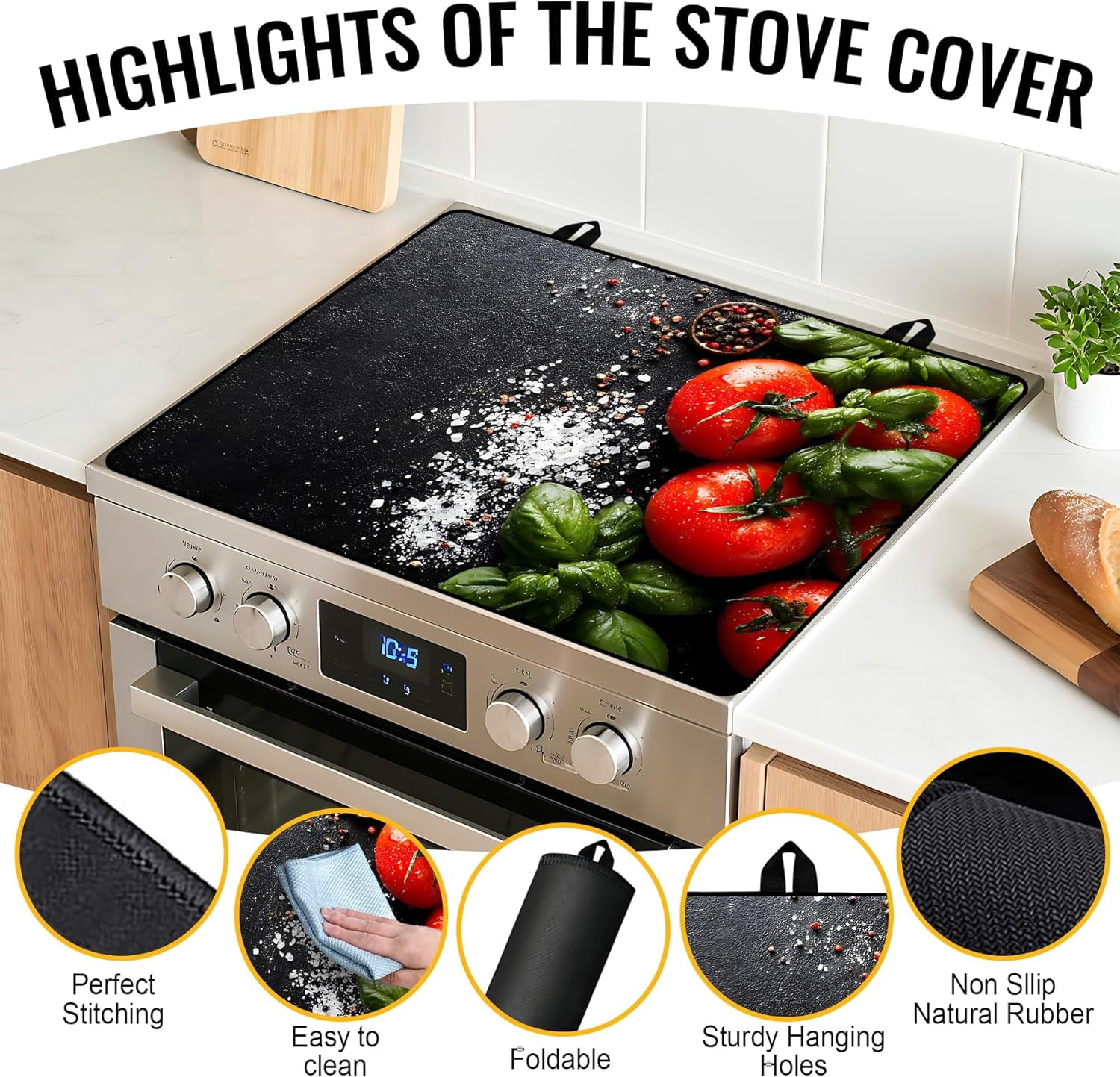Stove Top Cover for Electric Stove 28.5x20.5 Inch Silicone Stove Topper & Protector, Scratch-Resistant Decorative Kitchen Mat for Electric/Glass Stove Top (Fresh Tomato & Spices)